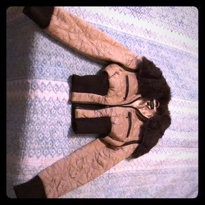 bebe Tan Quilted Bomber Jacket with Light Brown Fur Collar